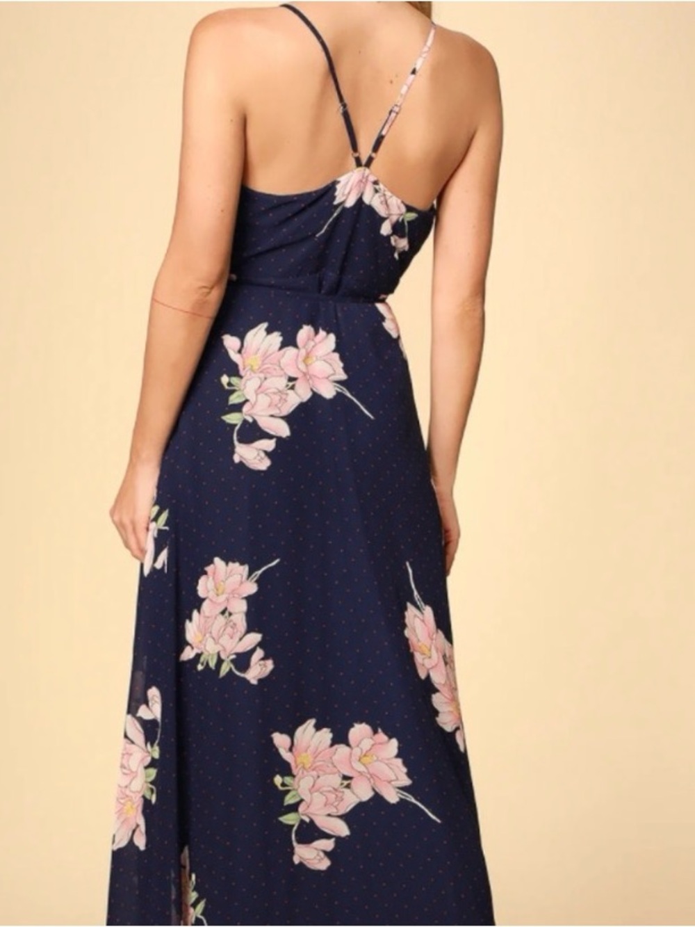 Lulu's Navy Floral Wrap Maxi Dress with Peach Blossoms - Picture 2 of 7